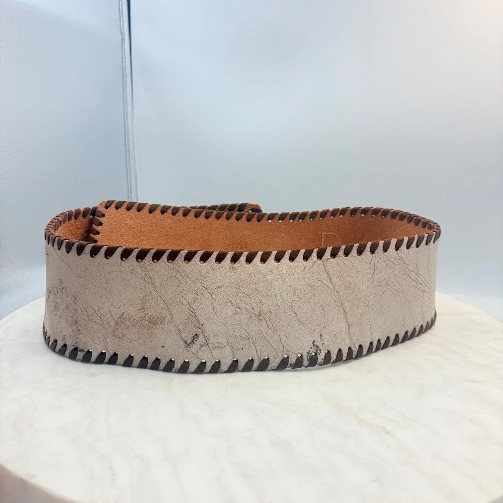 VTG Streets Ahead Wester Wide Waist Belt Women S Cream Leather Whipstitch Stones